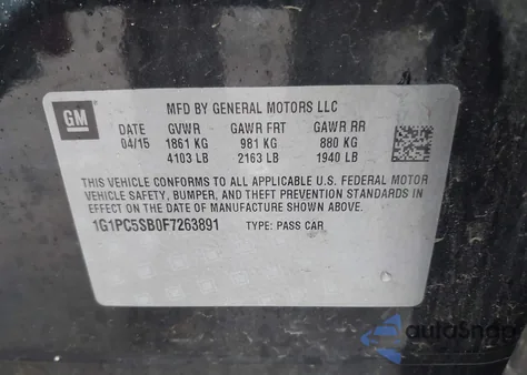 2015 Chevrolet Cruze 1Lt Auto from USA, damaged, VIN 1G1PC5SB0F7263891